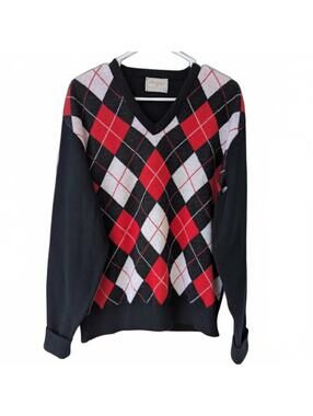 Vintage 80s Hogan Argyle Sweater Large DuPont Orlon V-Neck Red Black Golf 23x26